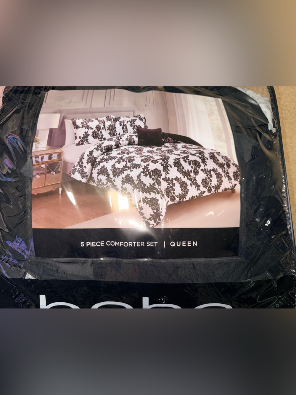 5-Piece Bebe Queen Comforter Set - Black and White Damask